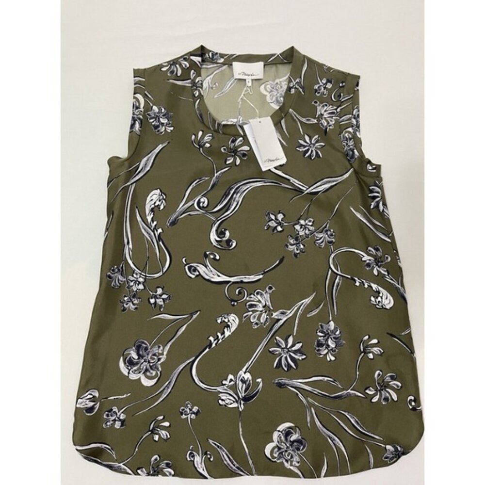 Phillip Lim 3.1 Floral Print Muscle Tee Green Women's Size 4 100% Silk $295